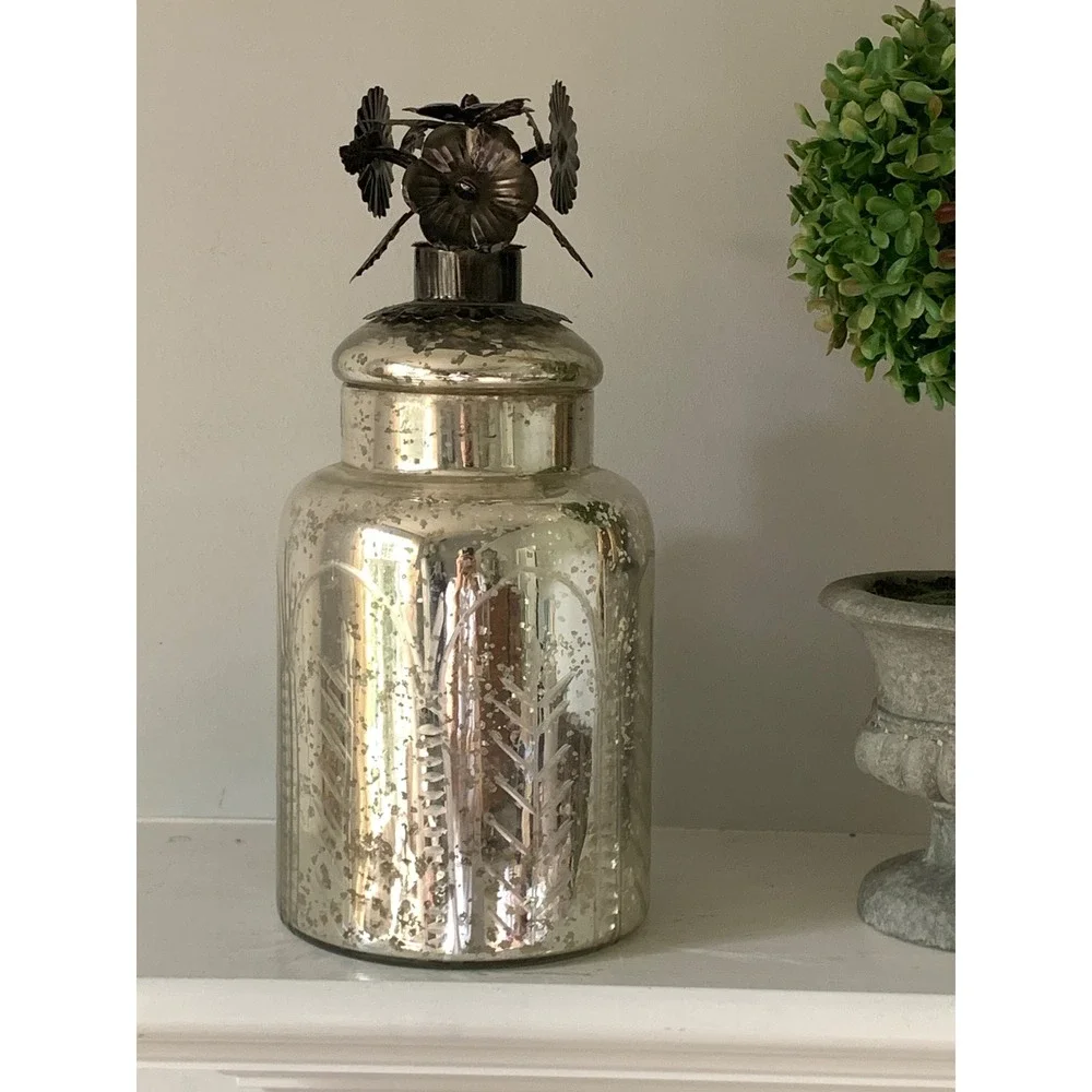 Vintage Mercury Glass Apothecary Jar Etched Silver Canister Metal Flower Lid 11